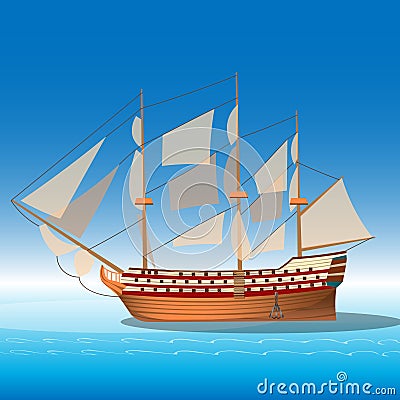 Wooden ship in sea. Vector Illustration