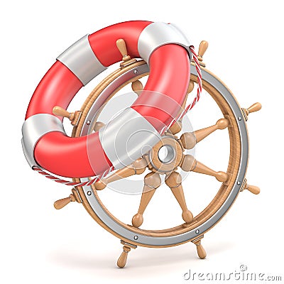 Wooden ship wheel and life buoy 3D Cartoon Illustration
