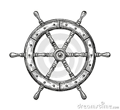 Wooden ship wheel. Sailing, nautical concept sketch vintage vector illustration Vector Illustration