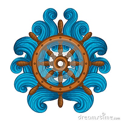 Wooden ships wheel encircled with blue waves. Vector Illustration