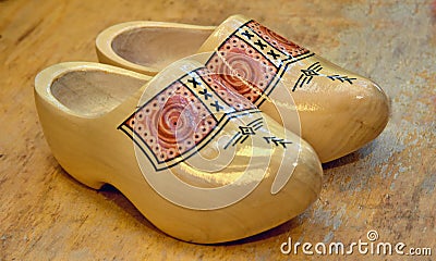 Wooden shoes with ornament, a souvenir from Holland, national costume Stock Photo