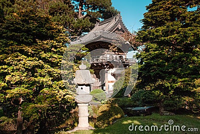 Wooden shrine in Golden Gate Park Japanese tea Garden in Summer Stock Photo