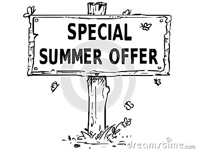 Wooden Sign Board Drawing with Special Summer Offer Text Vector Illustration