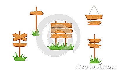 Wooden sign boards in the grass. Sign board on the stick, arrow signpost, showing direction. Old signboards for game. Blank banner Cartoon Illustration