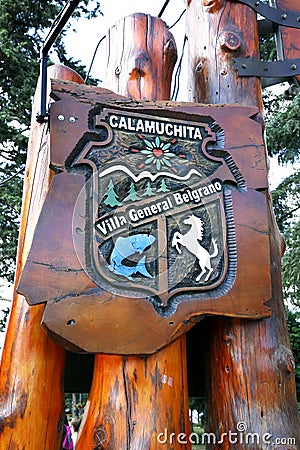 Wooden sign of the city of Villa General Belgrano in Calamuchita. Cordoba Argentina. Carved poster. Oktoberfest beer festival nati Editorial Stock Photo