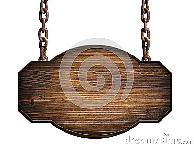 Wooden sign in dark wood hanging on a chain isolated Stock Photo