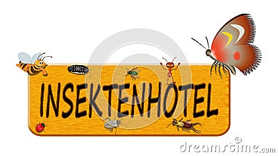 Wooden sign with the german word Insektenhotel with various insects Stock Photo