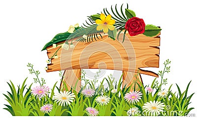 Wooden sign in grass with flowers Vector Illustration