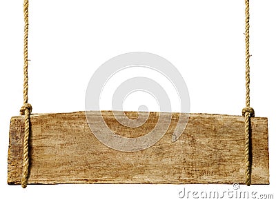 Wooden sign hanging from rope Stock Photo