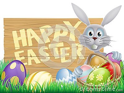 Wooden sign Happy Easter bunny Vector Illustration