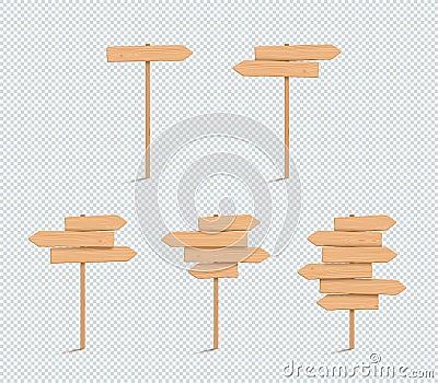 Wooden Sign Plain Empty 3d Direction Arrow Post Set Vector Illustration