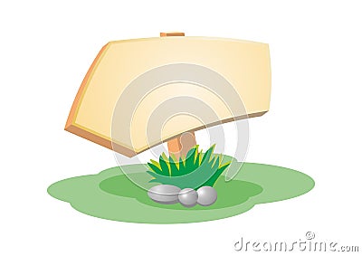 Vector image of a wooden sign, grass and stones Vector Illustration