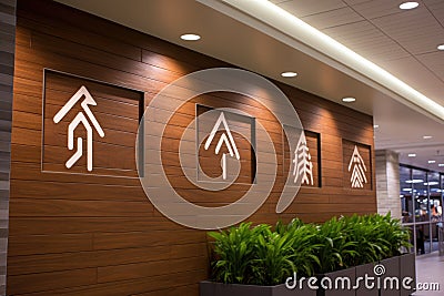 wooden sign with restroom symbols in a modern mall Stock Photo