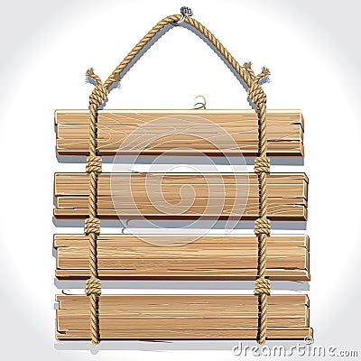 Wooden sign with rope hanging on a nail. Vector Illustration