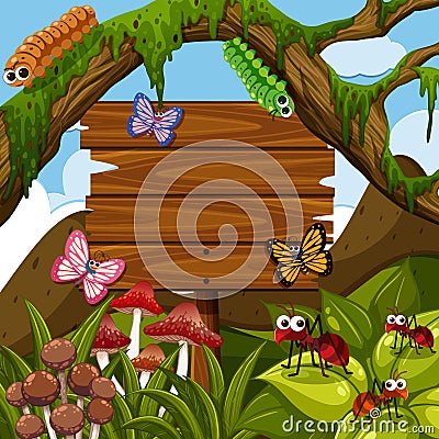 Wooden sign template with bugs in the woods Vector Illustration