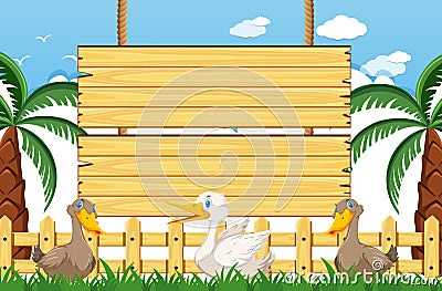 Wooden sign template with cute ducks in the park Vector Illustration