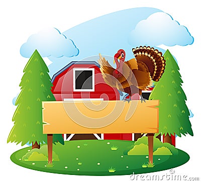 Wooden sign template and turkey in farmyard Vector Illustration