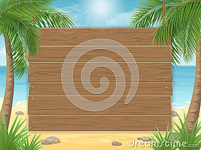 Wooden sign on tropical beach with palm tree Vector Illustration