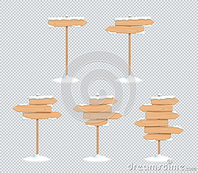 Wooden Sign Winter Snow 3d Direction Arrow Post Set Vector Illustration