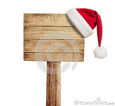 Wooden signboard with Christmas hat Stock Photo