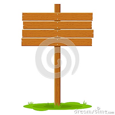 Wooden signboard in grass isolated on white background. Signs board and symbols to communicate a message on street or Vector Illustration