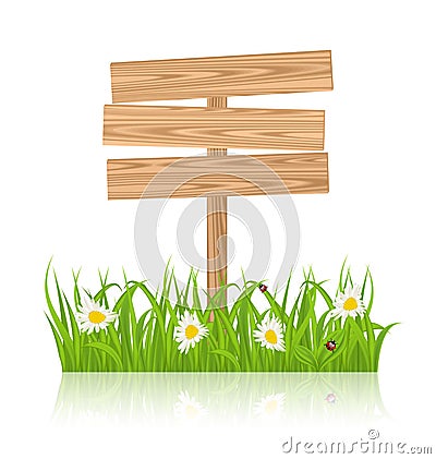 Wooden signboard for guidepost with field green grass and camomile and ladybugs Vector Illustration