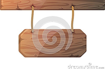 Wooden signboard on ropes, wild west wooden board Vector Illustration