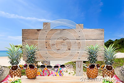 wooden signboard on tropical beach for summer background. Stock Photo