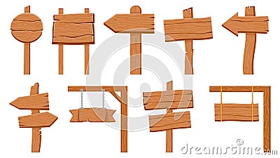 Wooden signboards. Empty wood plank round and arrow signs. Cartoon old rustic road direction pointer on stick. Textured Vector Illustration