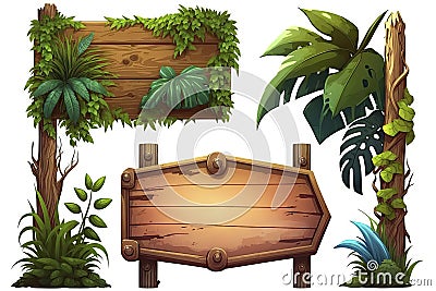 Wooden Signboards in Jungle with Tropic Leaves Stock Photo