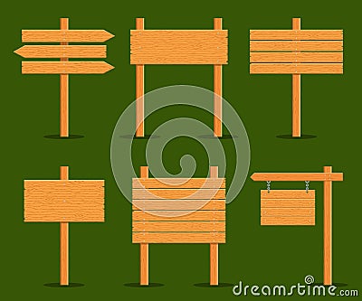 Wooden signboards set isolated on green background. Signs and symbols to communicate a message on street or road Vector Illustration