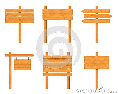 Wooden signboards set isolated on white background. Signs and symbols to communicate a message on street or road Vector Illustration