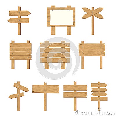 Wooden signboards, wood arrow sign set. Vector Illustration