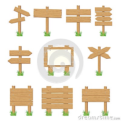 Wooden signboards, wood arrow sign set. Vector Illustration