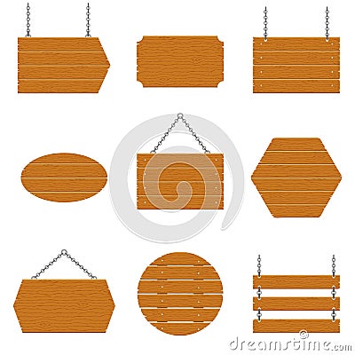 Wooden signboards and wood plank set isolated on white background. Signs and symbols to communicate a message on street Vector Illustration