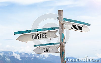Wooden signpost with food or drink choices Stock Photo