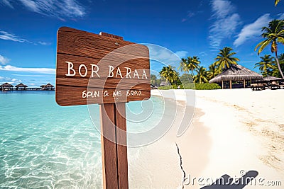 Wooden signpost on sandy beach at Maldives with inscription Bora Bora, Bora Bora wooden sign with beach background, AI Generated Stock Photo