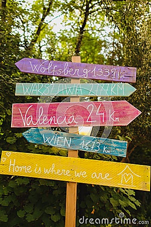 Wooden signposts at events and weddings Stock Photo