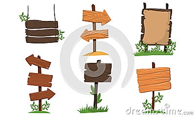 Wooden Signposts Vector Isolated On White Background Set Vector Illustration