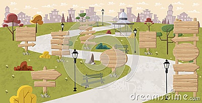 Wooden signs on park Vector Illustration