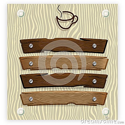 Wooden signs set. Rough brown rustic boards and planks, signboards hanging, bar and saloon banner templates. Vector Illustration