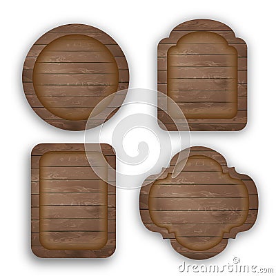 Wooden signs set. Rough rustic board and plank, signboard hanging, bar and saloon banner template, old guidepost, vintage Stock Photo