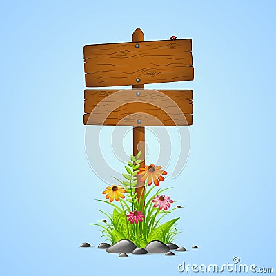 Wooden sing spring season with flowers on blue background Vector Illustration