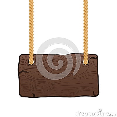 Wooden singboard on rope. Blank cartoon wood sign hanging on ropes. Vector. Vector Illustration