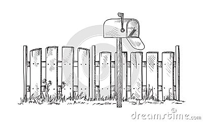 Wooden sketch fence with postbox Vector Illustration