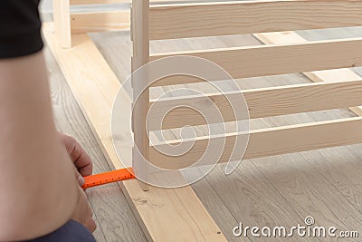 Wooden slats and working tools. Production of wooden products Stock Photo