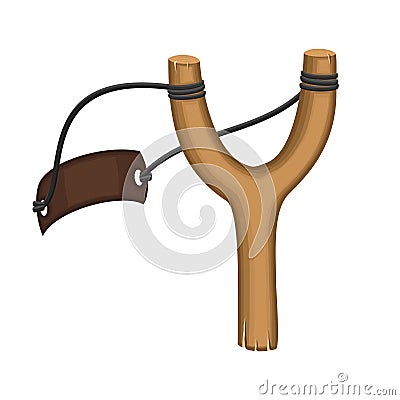 Wooden slingshot isolated on a white background. Homemade slingshot wooden handle with rubber bands. Wooden catapult Vector Illustration