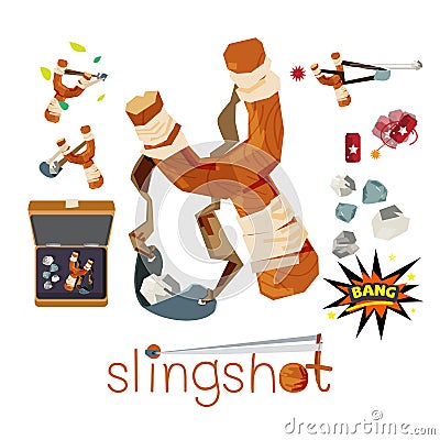 Wooden slingshot with stone bullet - vector Vector Illustration