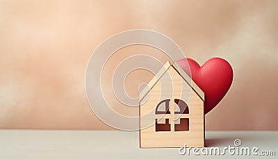 Wooden small house with red heart for happy family. Real estate, sweet home, investment, mortgage and buy new property Stock Photo