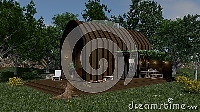 Wooden small tiny house with Terrace, 3d Illustration, 3d rendering Stock Photo